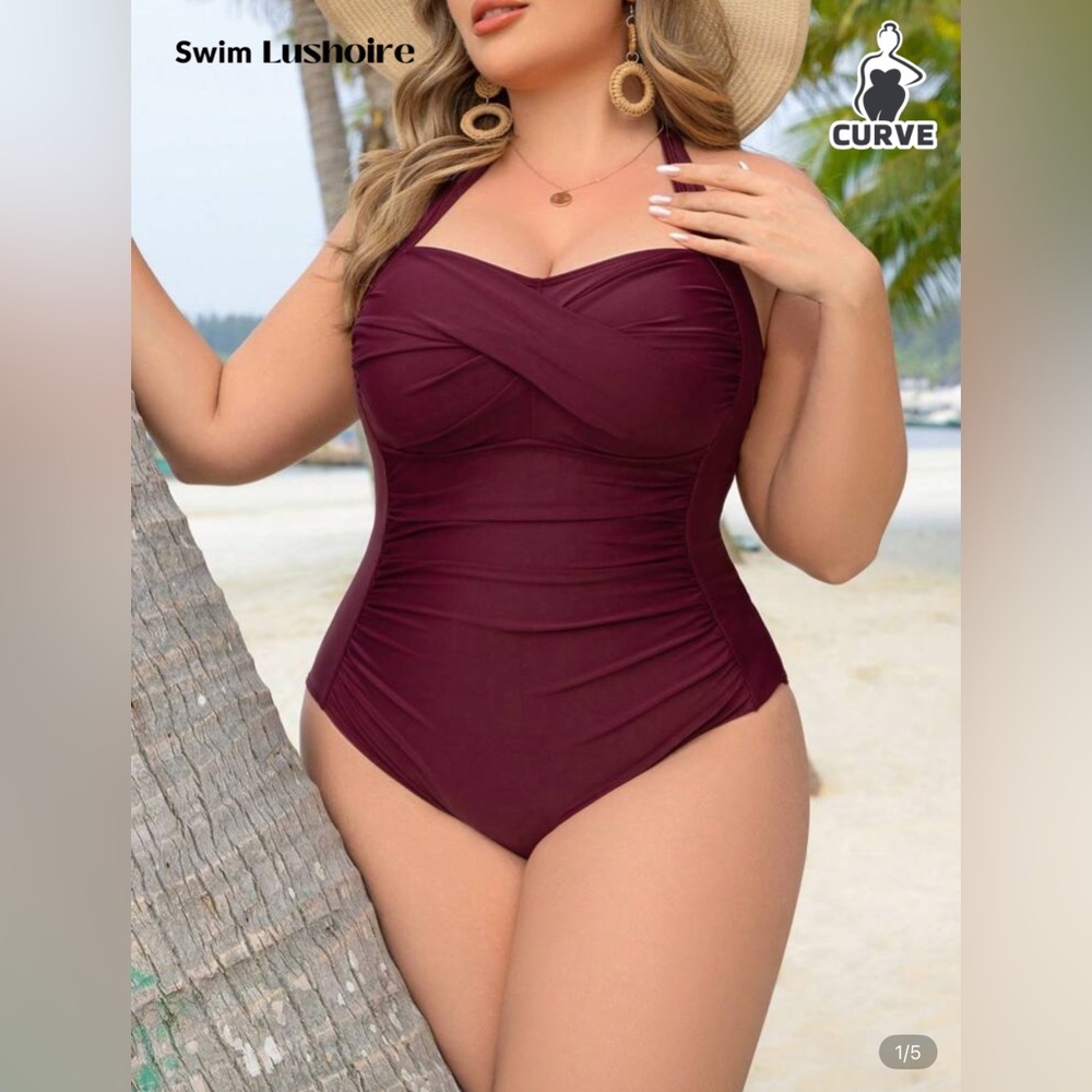 NWT SHEIN Curve Burgundy Halter One Piece Swimsuit Size 12/0XL